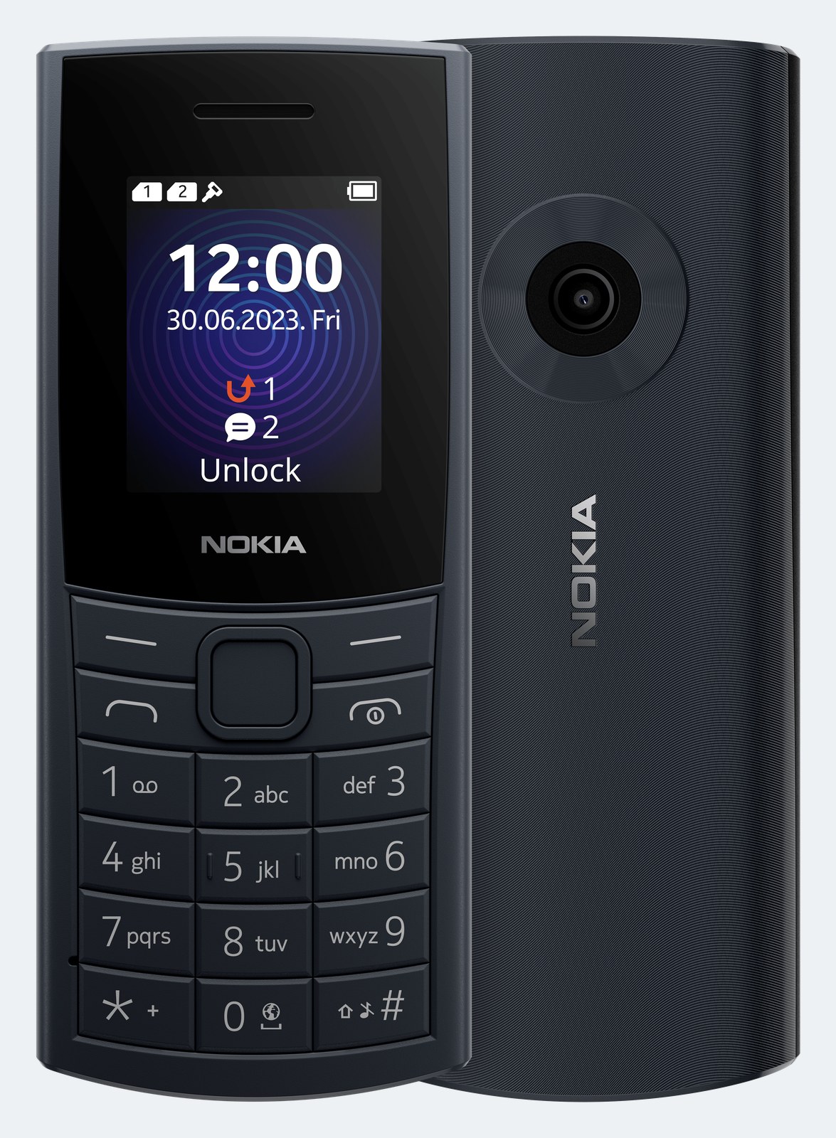 Celular de teclas Nokia 110 4G azul-escuro, visto de frente com a tela acesa e de costas com a câmera