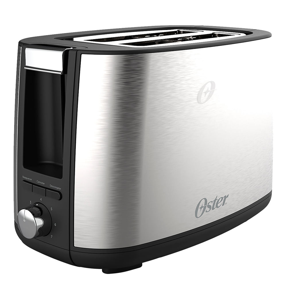 Torradeira Oster Inox Simple Life com corpo em aço escovado, botões Reaquecer, Cancelar e Descongelar e seletor numerado