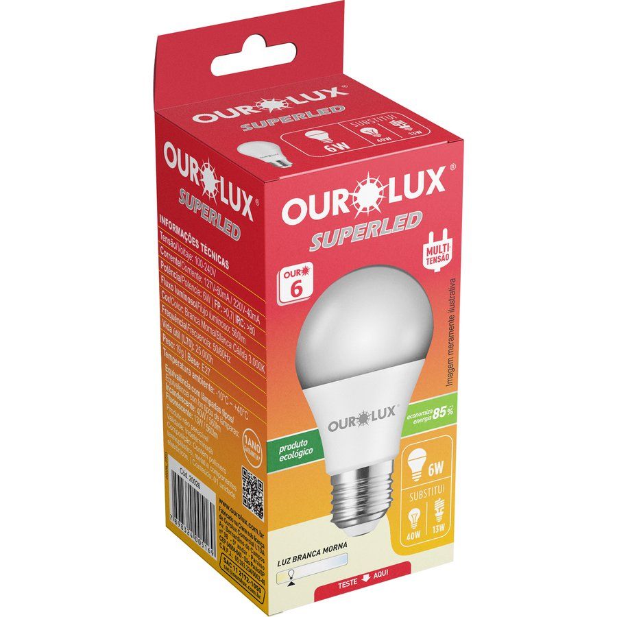 Caixa da lâmpada LED Ourolux SuperLED 6W, luz branca morna, com a lâmpada bulbo à frente