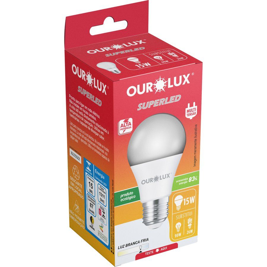 Caixa da lâmpada LED Ourolux SuperLED 15W alta potência, luz branca fria, com a lâmpada bulbo à frente