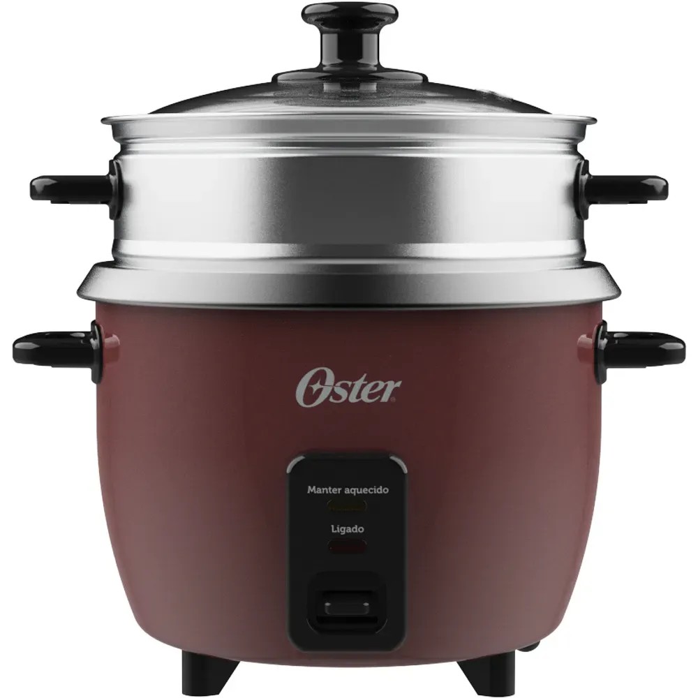 Panela elétrica de arroz Oster OPAN310 bordô com cesto de vapor, tampa de vidro e alças laterais