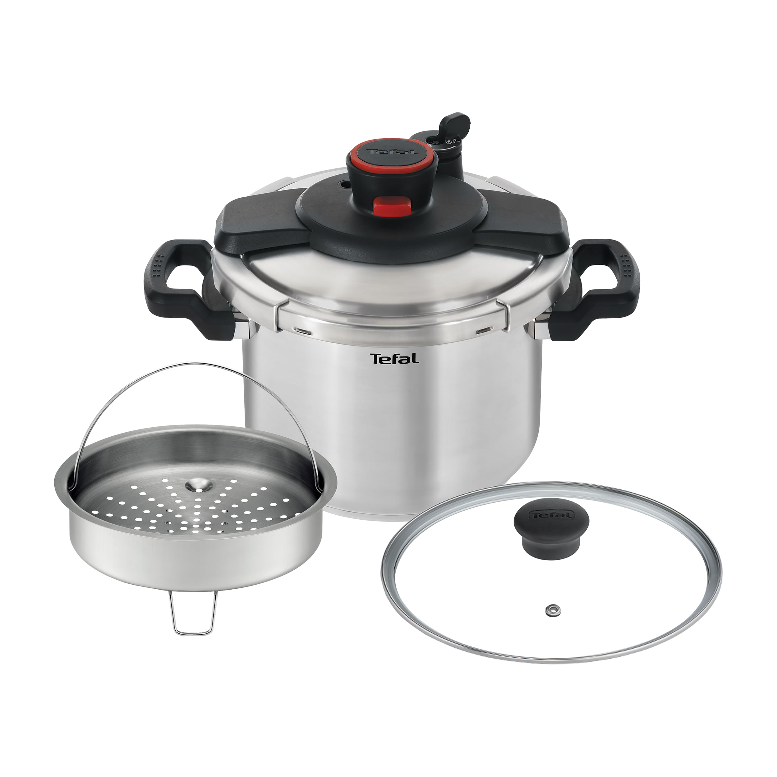 Panela de pressão Tefal Unique 6 L com a cesta de vapor em aço inox e a tampa de vidro ao lado
