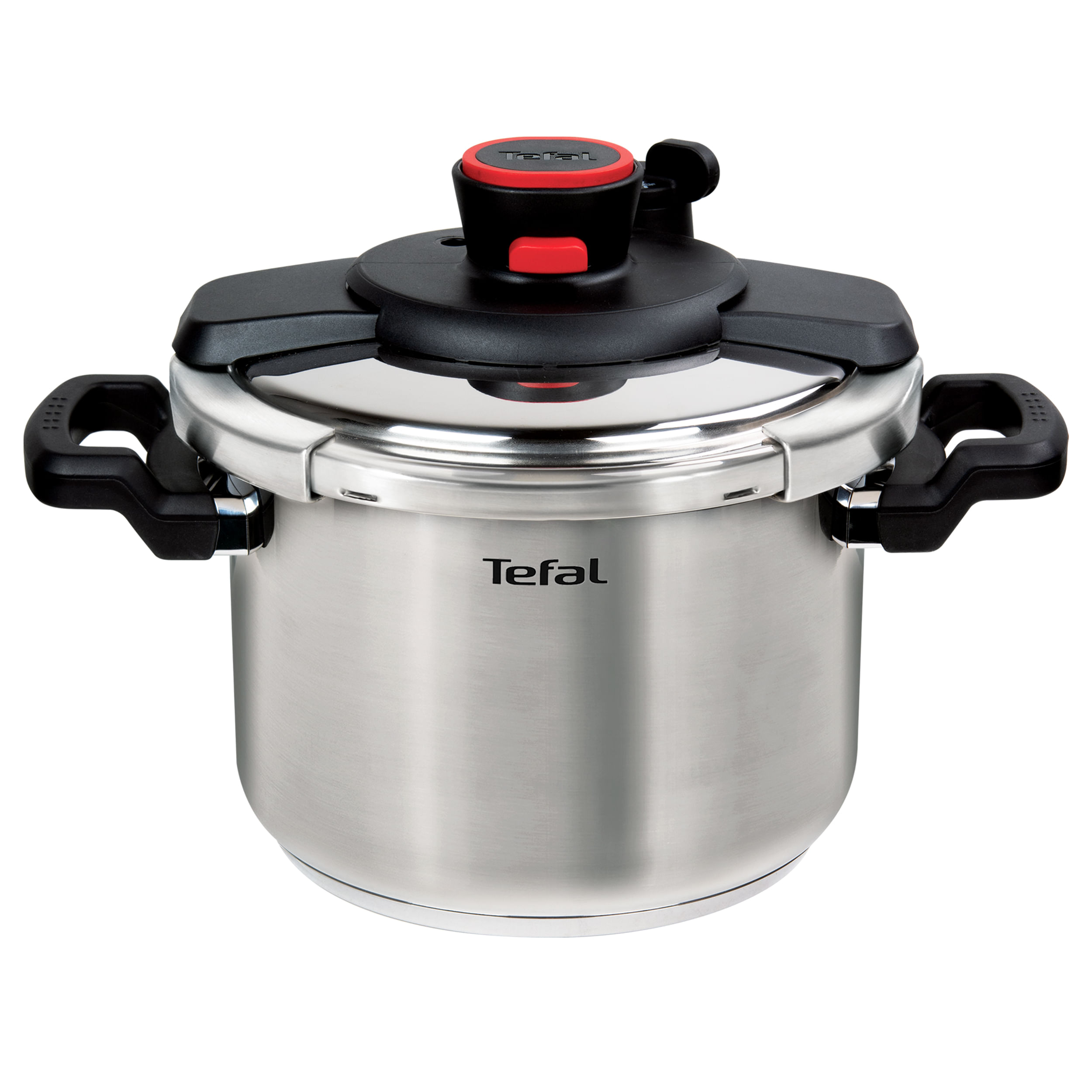 Panela de pressão Tefal Unique 6 L em aço inox, com tampa preta e vermelha, alças laterais pretas e logotipo Tefal