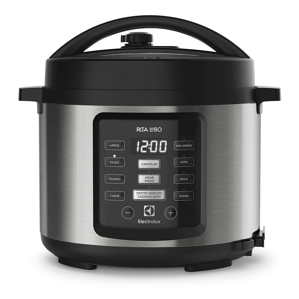 Panela de pressão elétrica Electrolux PCC15 em inox escovado com painel digital e botões de arroz, feijão, frango e carne