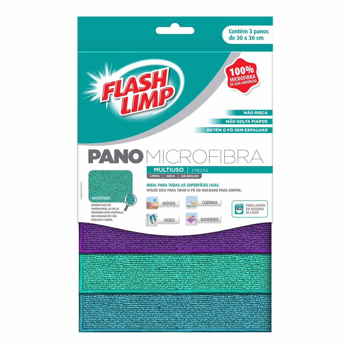 Embalagem do kit Flash Limp com 3 panos de microfibra multiuso de 30 x 30 cm