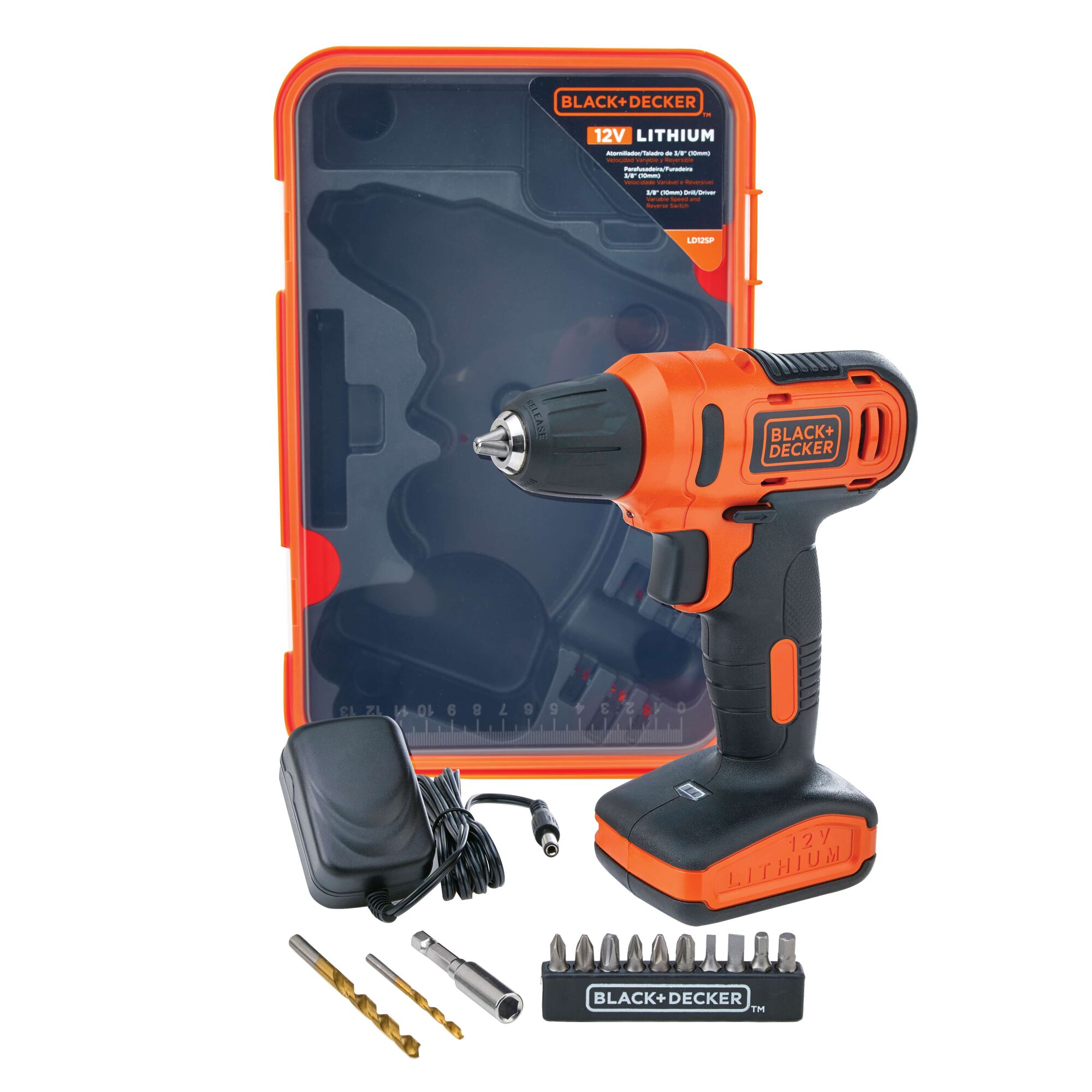 Kit Black+Decker LD12SP com parafusadeira laranja 12 V, caixa transparente, carregador, brocas e pontas
