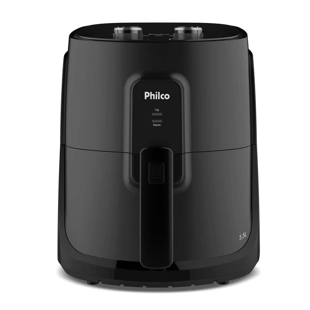 Air fryer Philco PAF55B preta fosca de 5,5 litros com dois botões no topo e luzes indicadoras