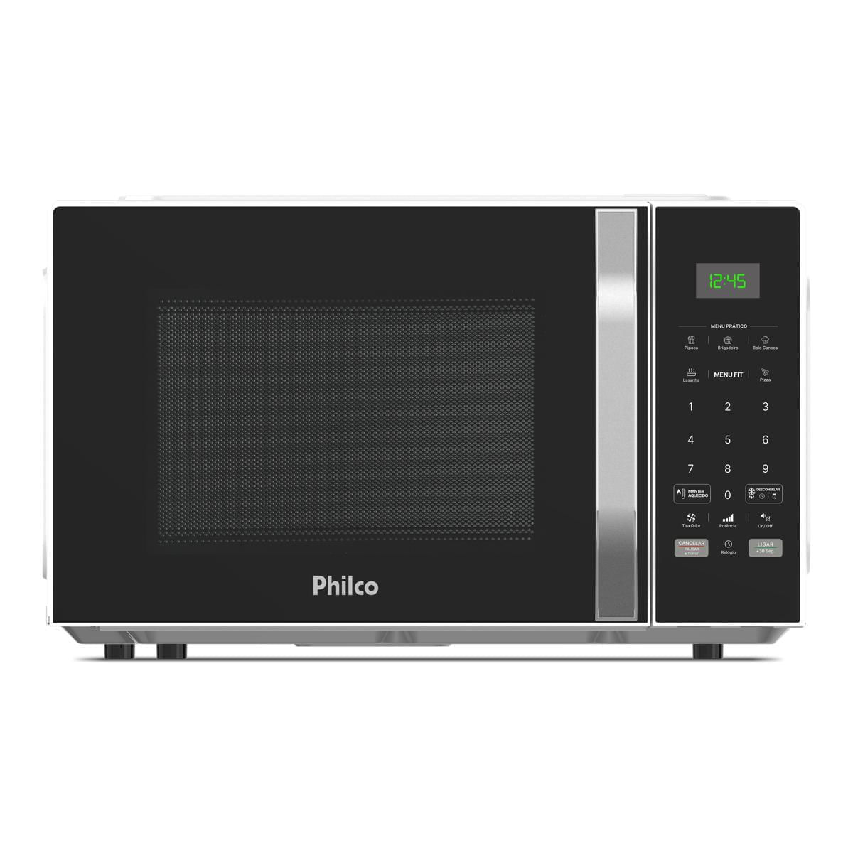 Micro-ondas Philco PM27 com frente preta, puxador prateado e painel de toque com display digital