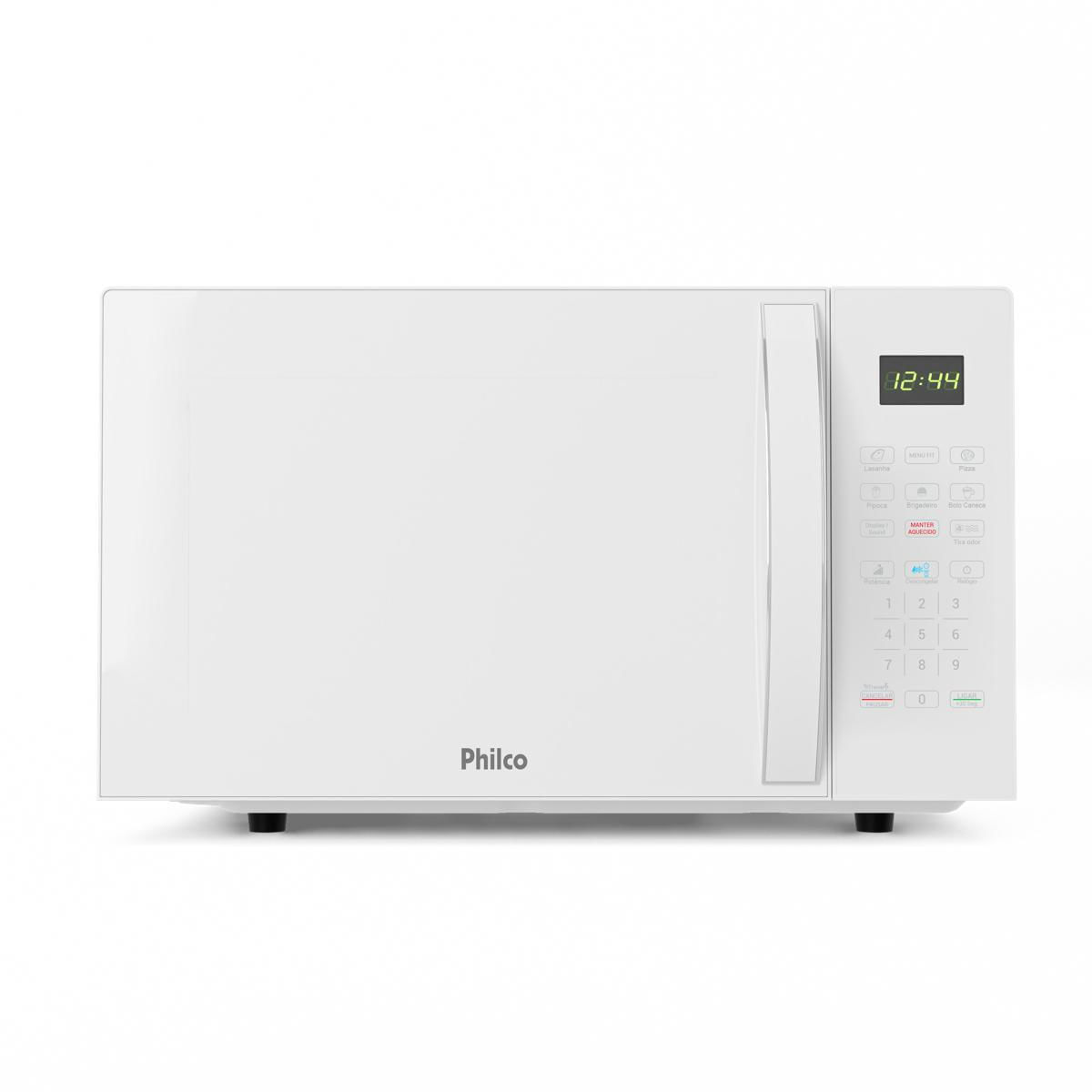 Micro-ondas Philco PMO30B branco com porta lisa e painel de toque com display digital