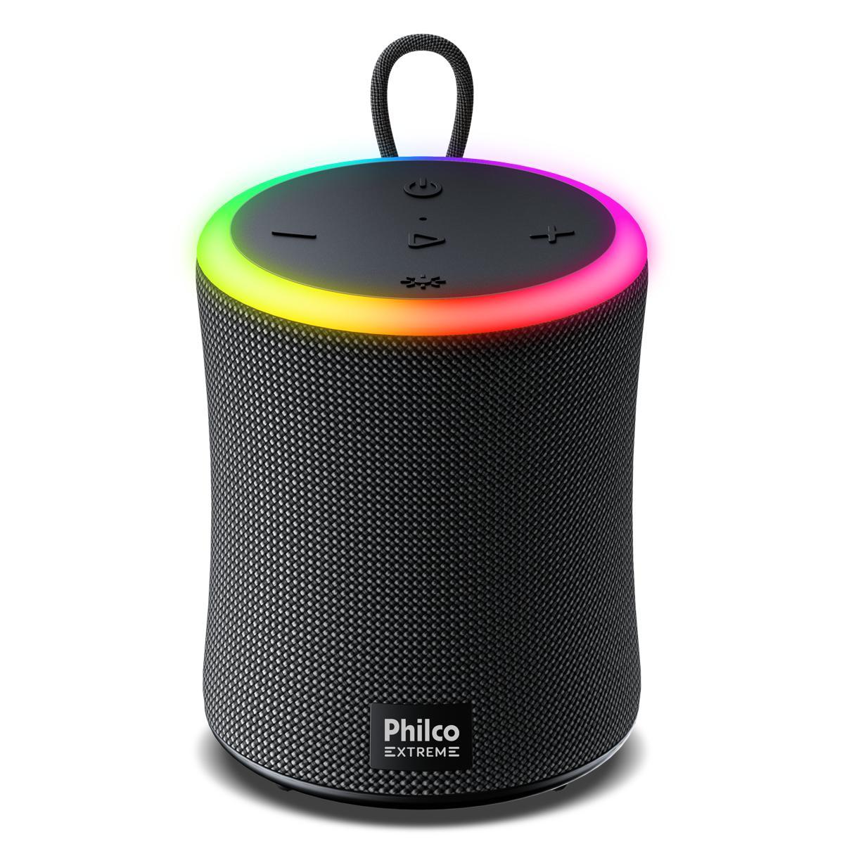 Caixa de som Philco Extreme PBS35 preta, cilíndrica, com anel de luz colorido e botões no topo