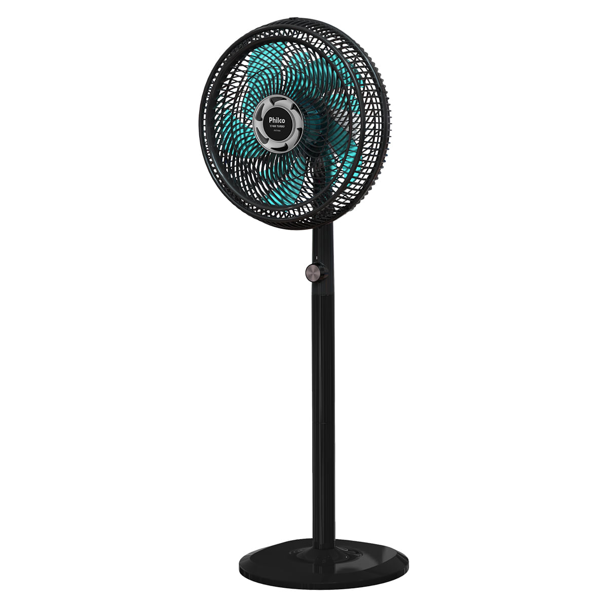 Ventilador de coluna Philco PVT466 preto com pás azul-turquesa, hélice de 10 pás e base redonda