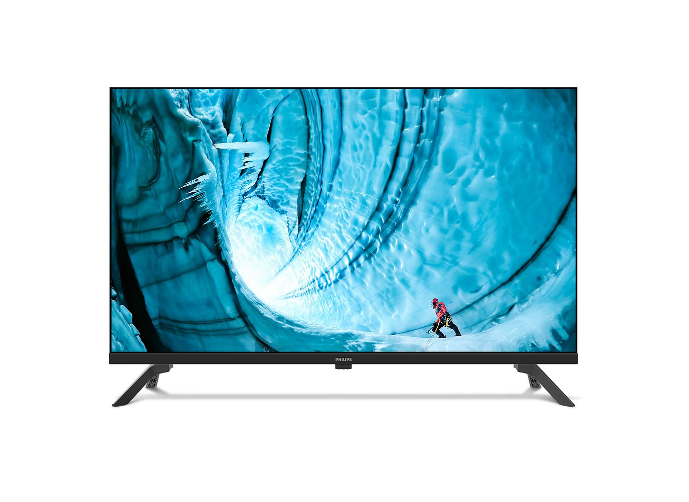 Smart TV Philips 43PFG6909 de 43 polegadas vista de frente, com moldura preta fina e pés em arco nas pontas