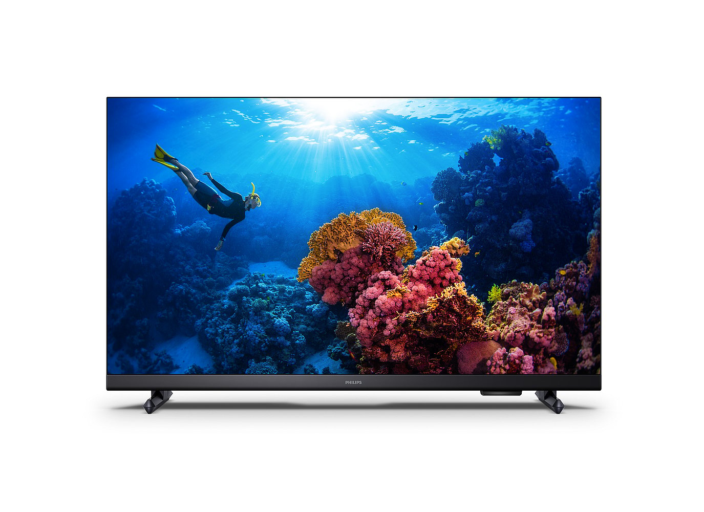Smart TV Philips 43PFG6918 de 43 polegadas vista de frente, com moldura fina cinza escura e dois pés pequenos nas pontas