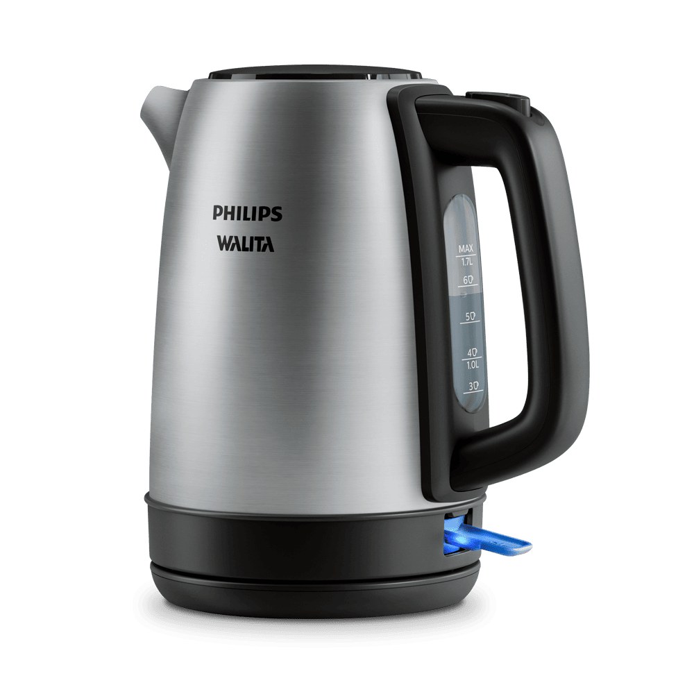 Chaleira elétrica Philips Walita HD9350 em aço inox escovado, com alça preta, indicador de nível e base preta com luz azul