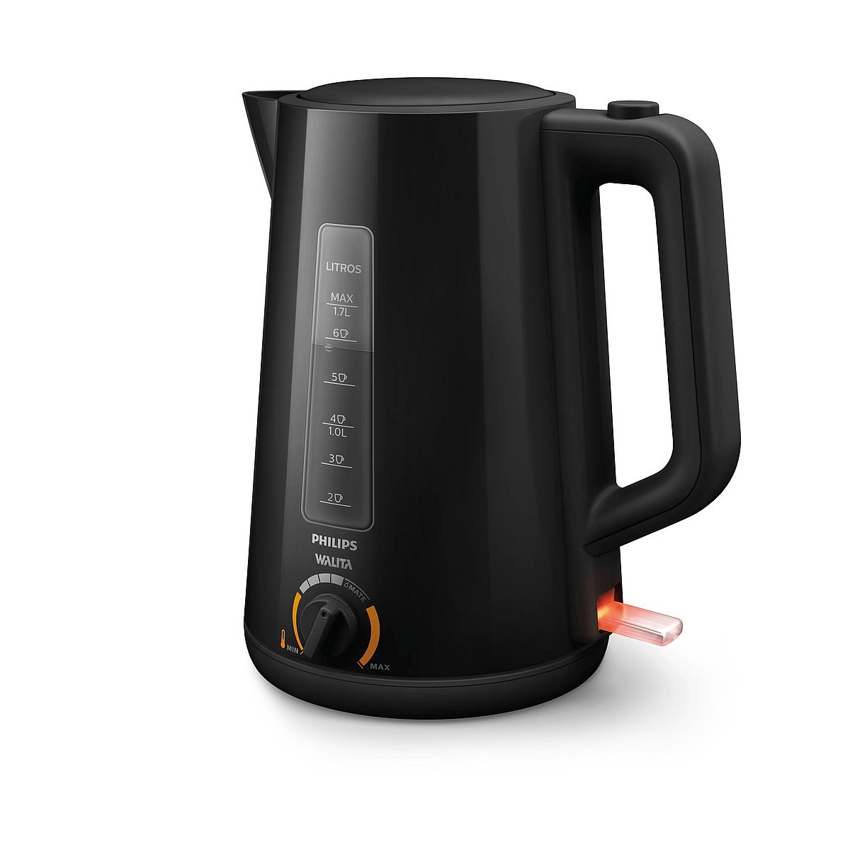 Chaleira elétrica Philips Walita RI9368 preta, com escala de litros na jarra, seletor de temperatura na base e luz piloto