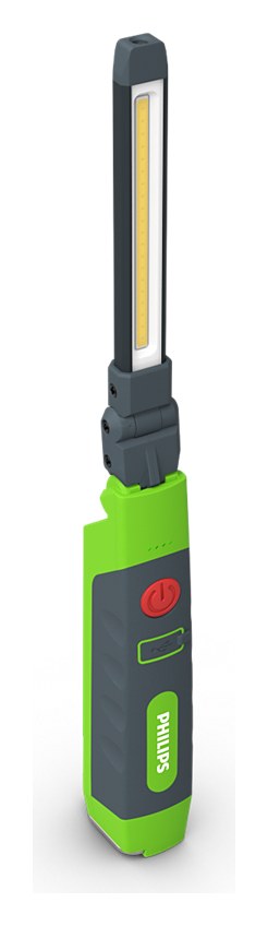 Lanterna Philips Xperion 3000 Slim, fina e comprida, verde e cinza, com módulo de luz articulado