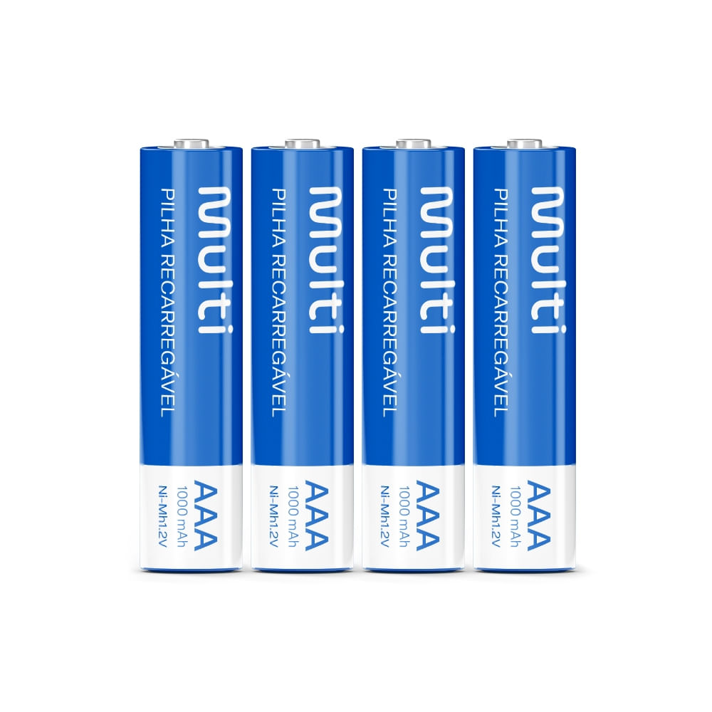 Kit com 4 pilhas recarregáveis AAA 1000 mAh Ni-MH 1,2 V da marca Multi, em azul e branco