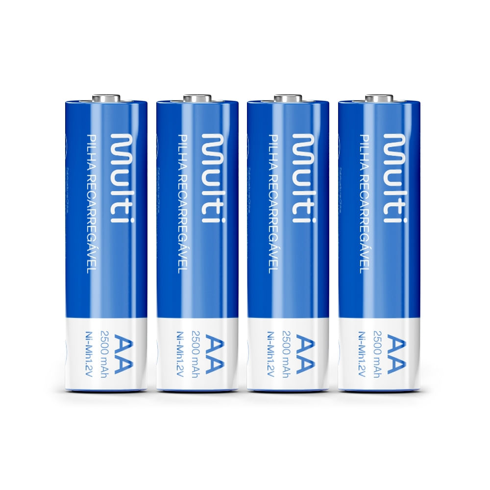 Kit com 4 pilhas recarregáveis AA 2500 mAh Ni-MH 1,2 V da marca Multi, em azul e branco
