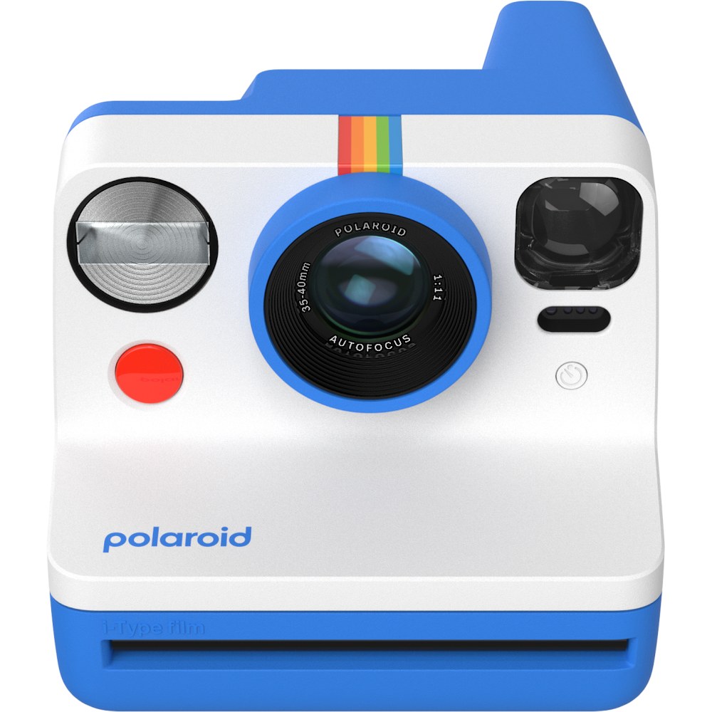Câmera instantânea Polaroid Now de 2ª geração, azul e branca, com lente central e flash à esquerda