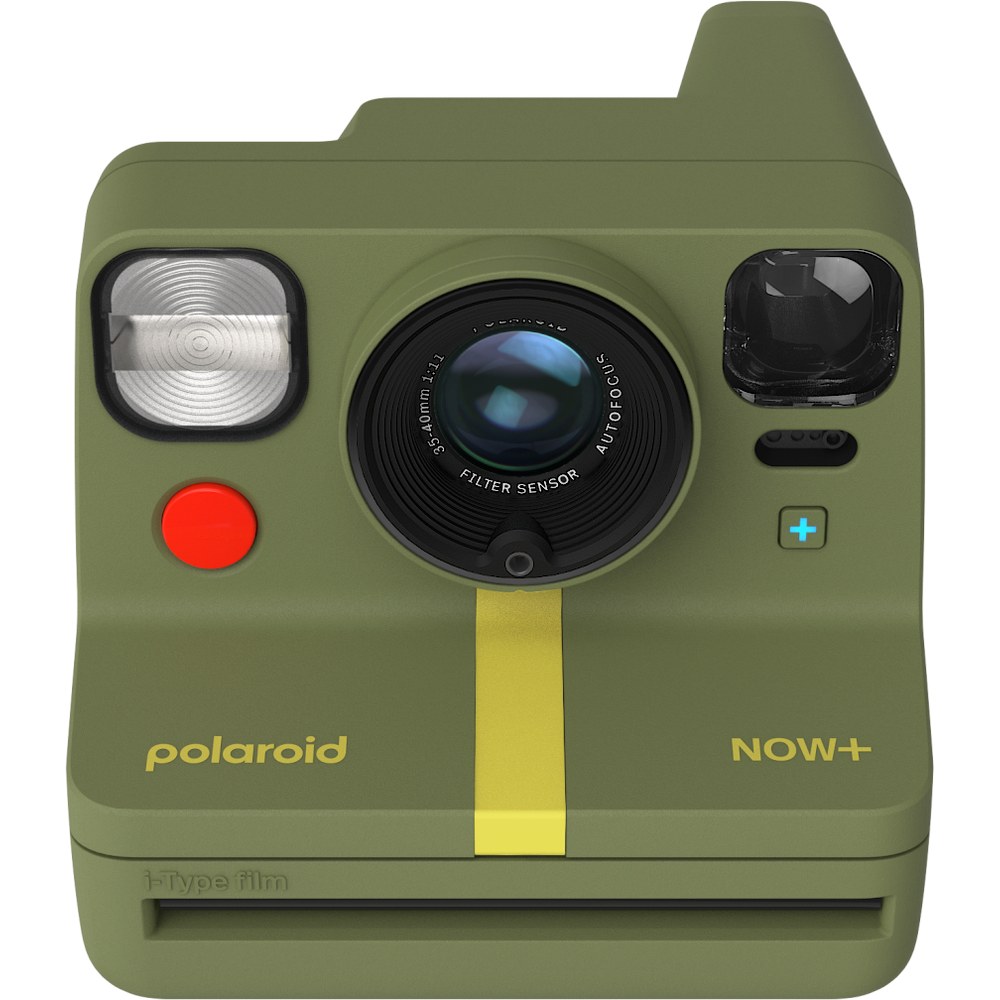 Câmera instantânea Polaroid Now+ de 2ª geração, verde, com lente central e faixa amarela na frente