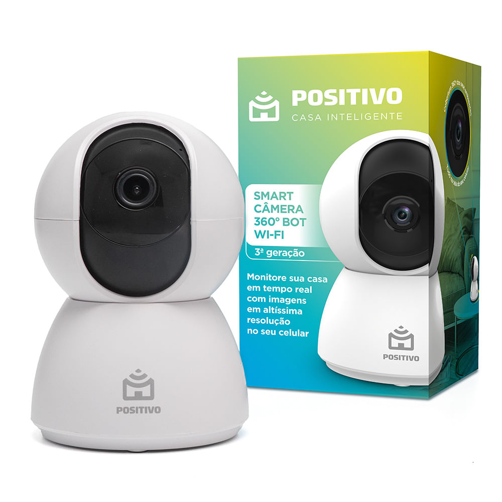 Smart Câmera 360 Bot Wi-Fi 3ª Geração da Positivo ao lado da embalagem