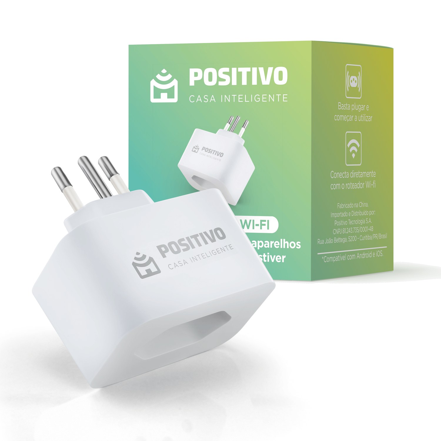 Smart Plug Wi-Fi Positivo Casa Inteligente 10A, adaptador branco com a caixa verde ao fundo