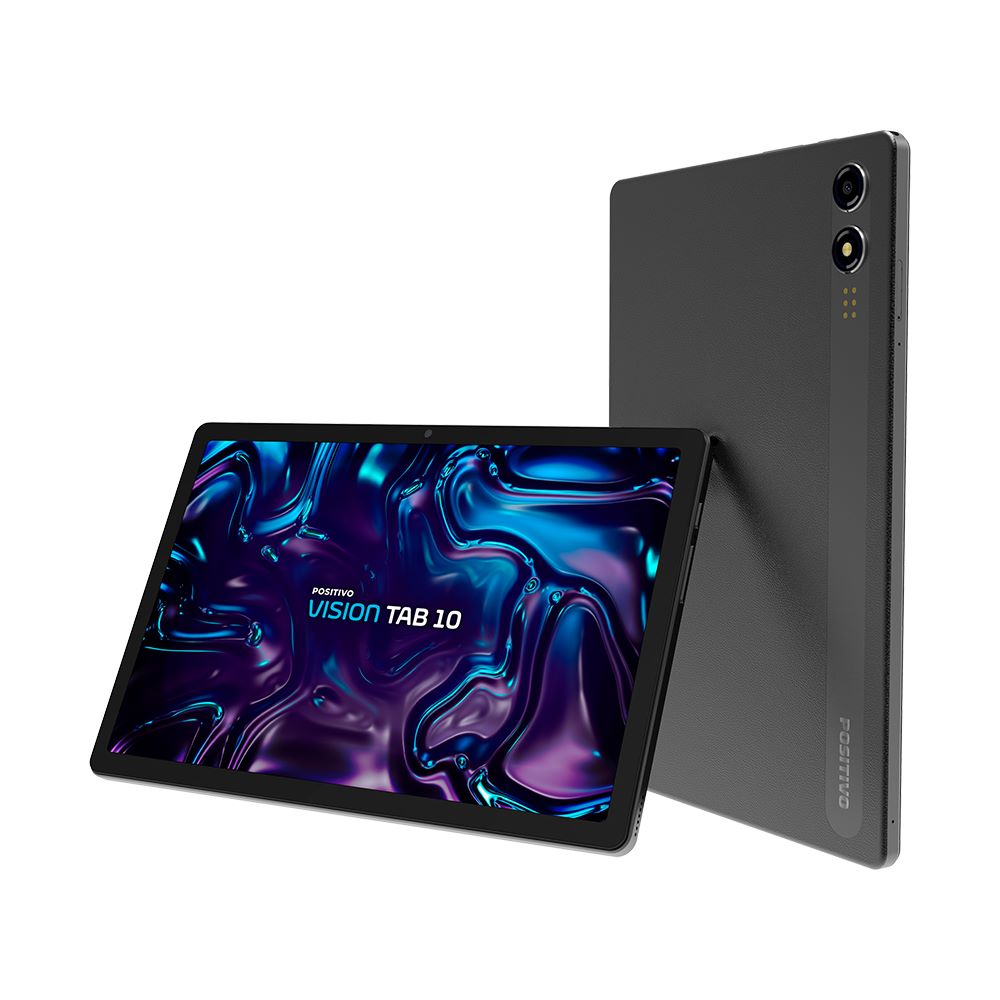 Tablet Positivo Vision Tab 10 cinza escuro com a tela acesa ao lado da traseira com as câmeras