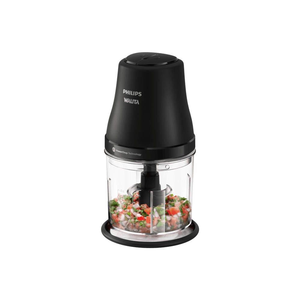 Mini processador Philips Walita HR1501 preto com tigela transparente cheia de legumes picados