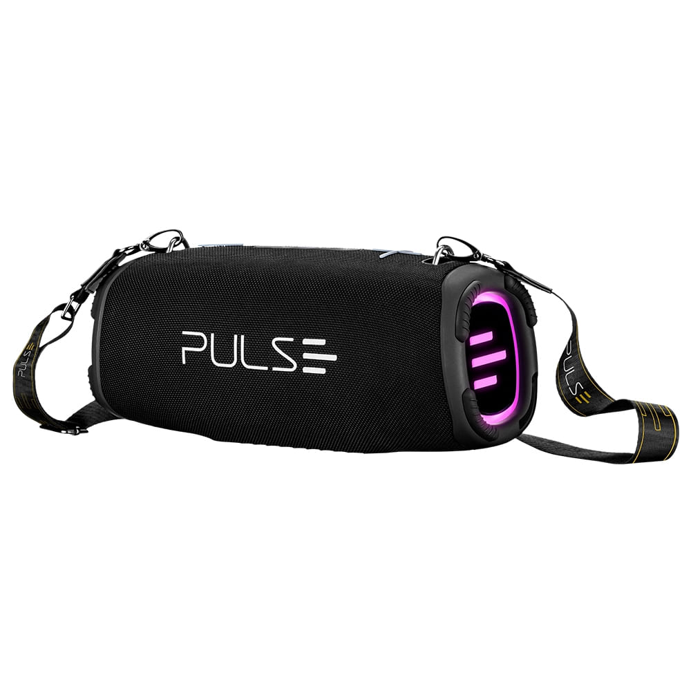 Caixa de som Pulse Xplode 4 preta, de formato alongado, com alças laterais e luz colorida na lateral