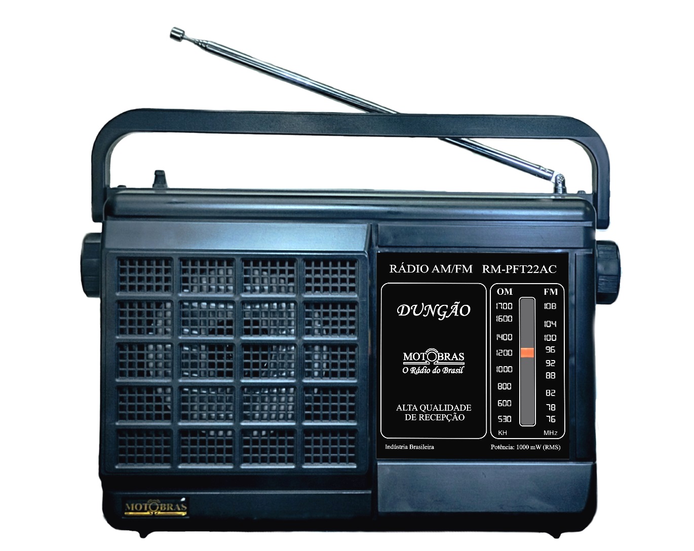 Rádio portátil Motobras RM-PFT22AC preto, com alça de transporte, grade do alto-falante à esquerda e escala AM/FM à direita