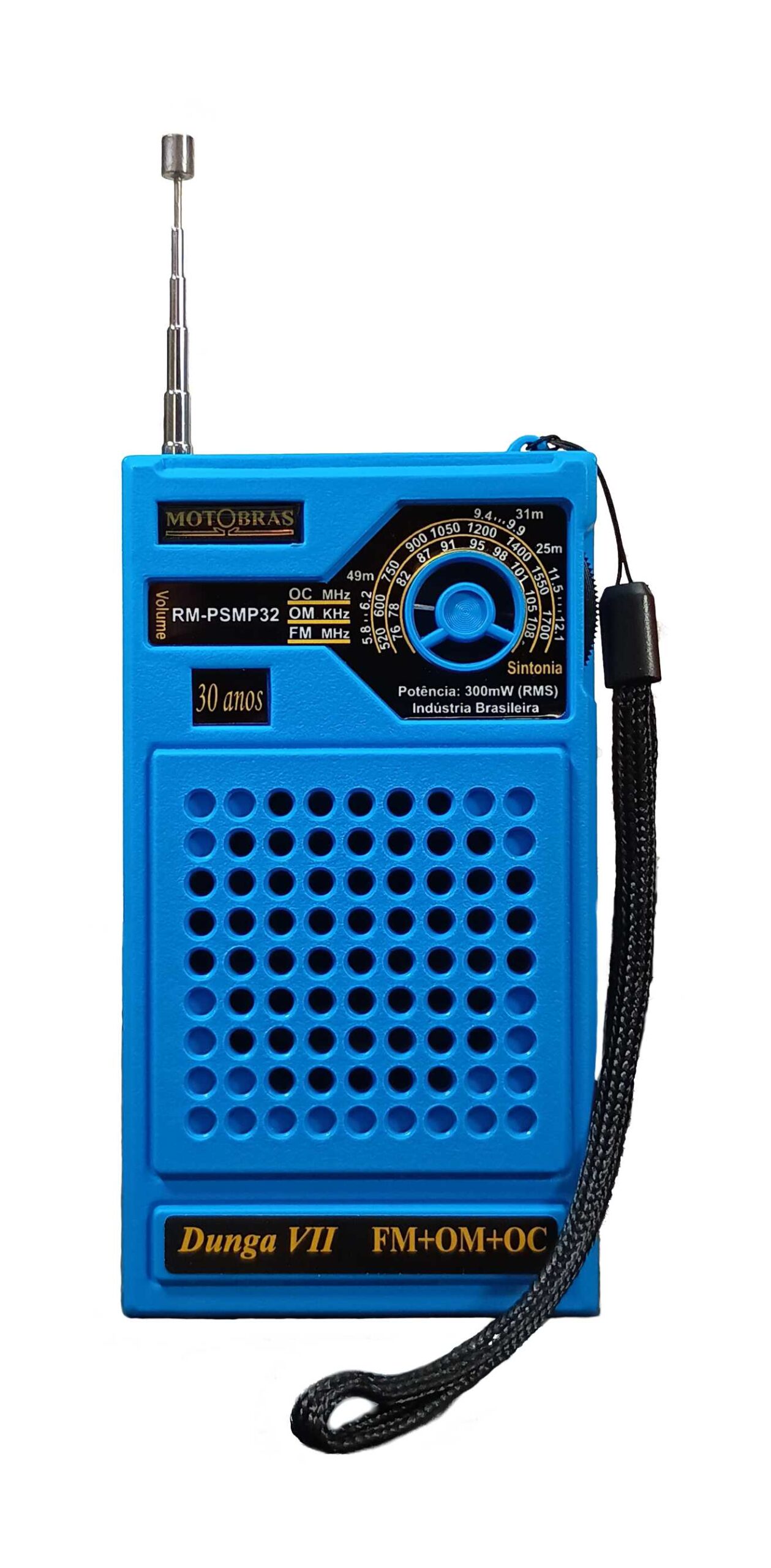 Rádio de bolso Motobras RM-PSMP32 azul, com antena telescópica, grade do alto-falante e cordão de pulso preto