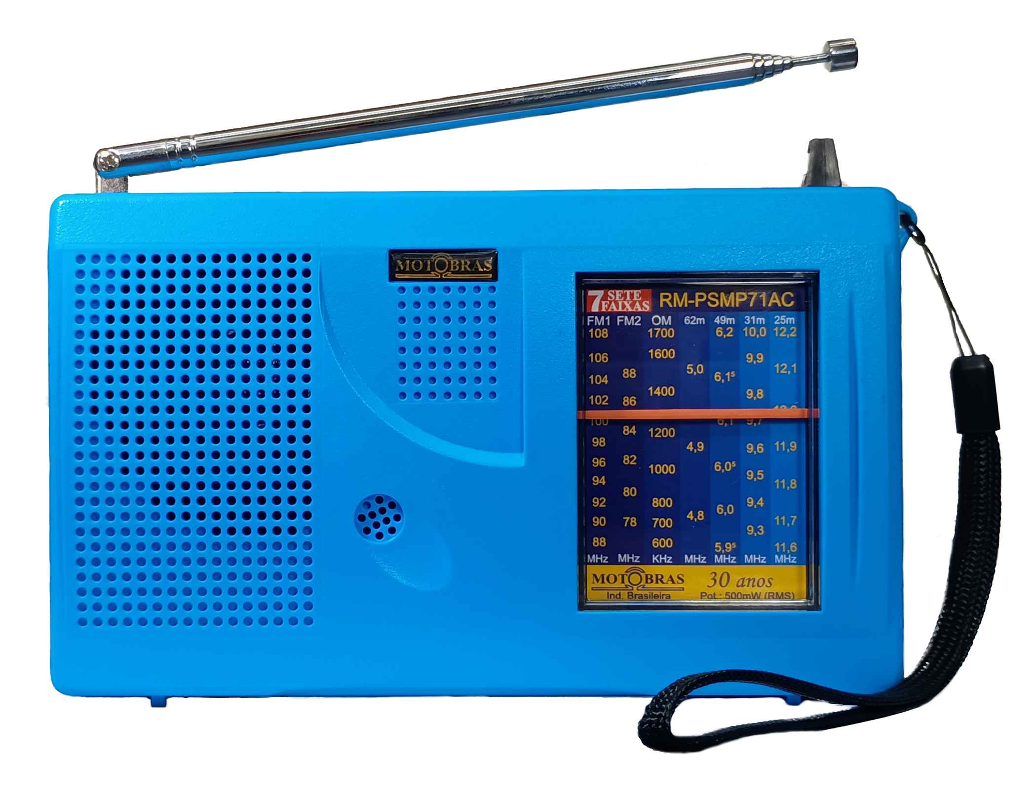 Rádio Motobras RM-PSMP71AC azul, horizontal, com antena telescópica, alto-falante à esquerda e quadro de frequências à direita