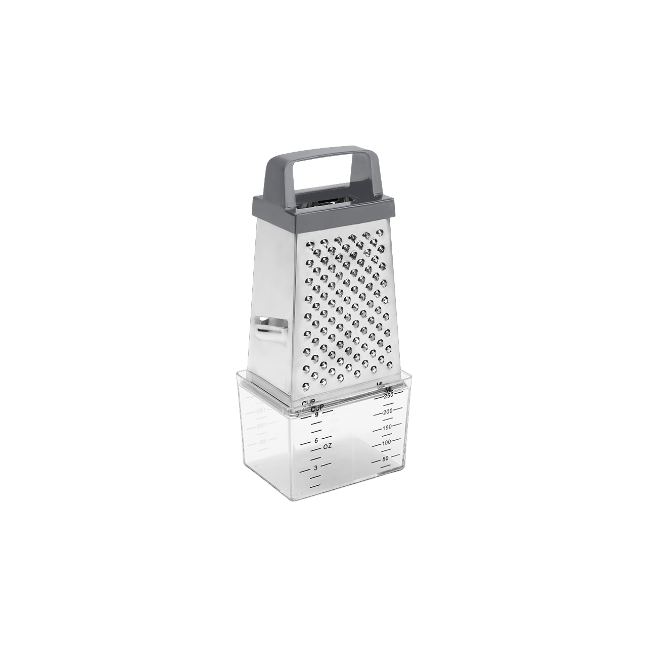 Ralador 4 faces Brinox Top Pratic com alça cinza e coletor transparente com medidor