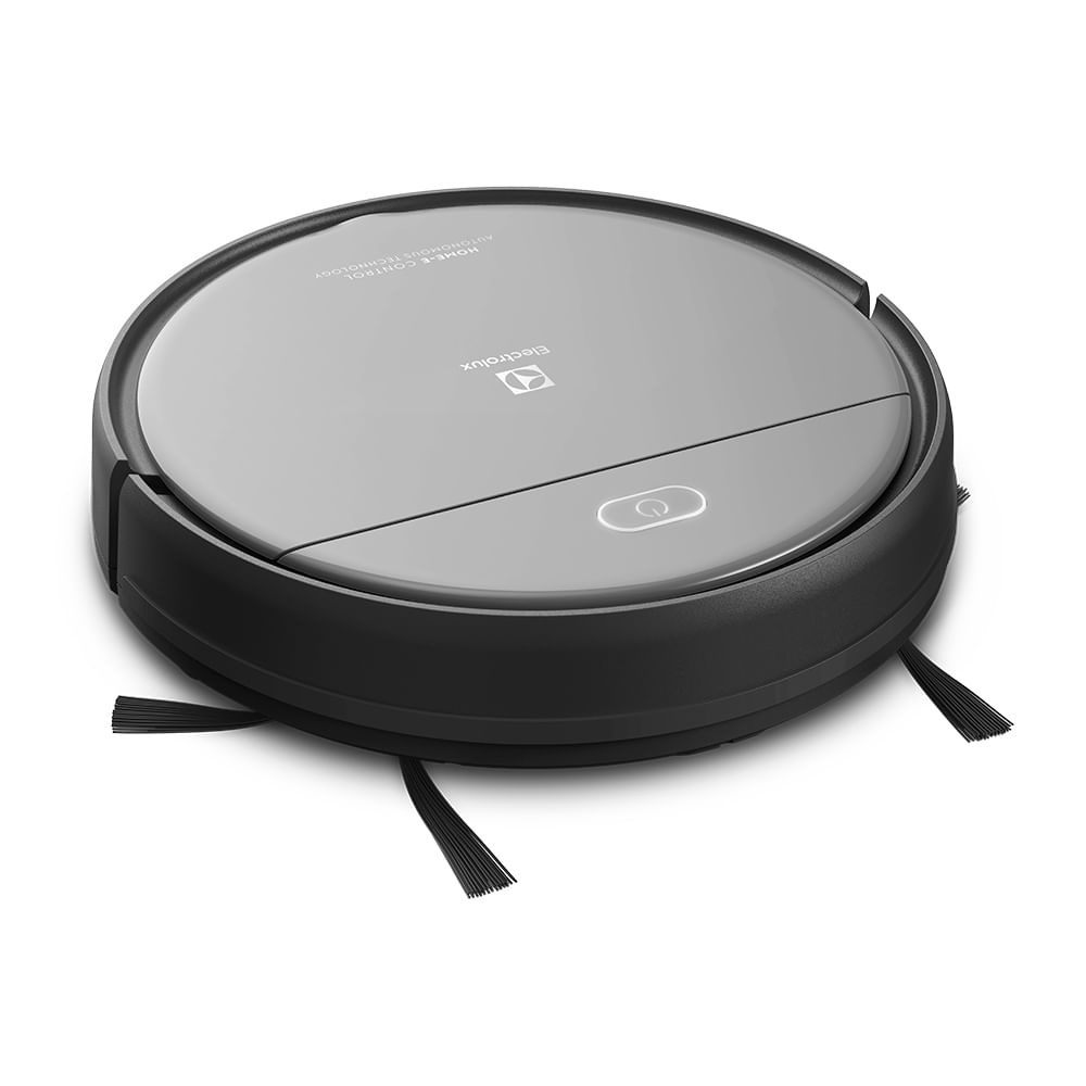 Robô aspirador Electrolux ERB20 cinza e preto, visto de cima em perspectiva