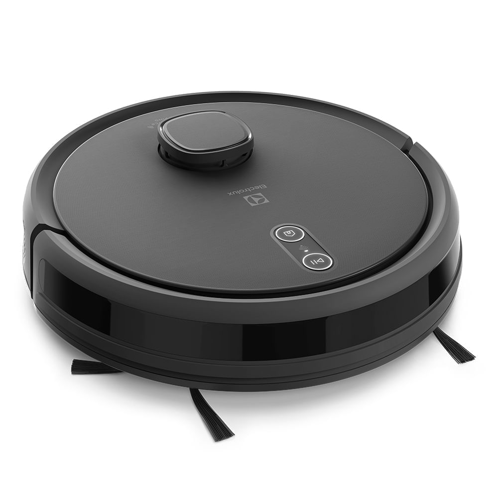Robô aspirador Electrolux ERB60 preto com sensor a laser no topo, visto em perspectiva