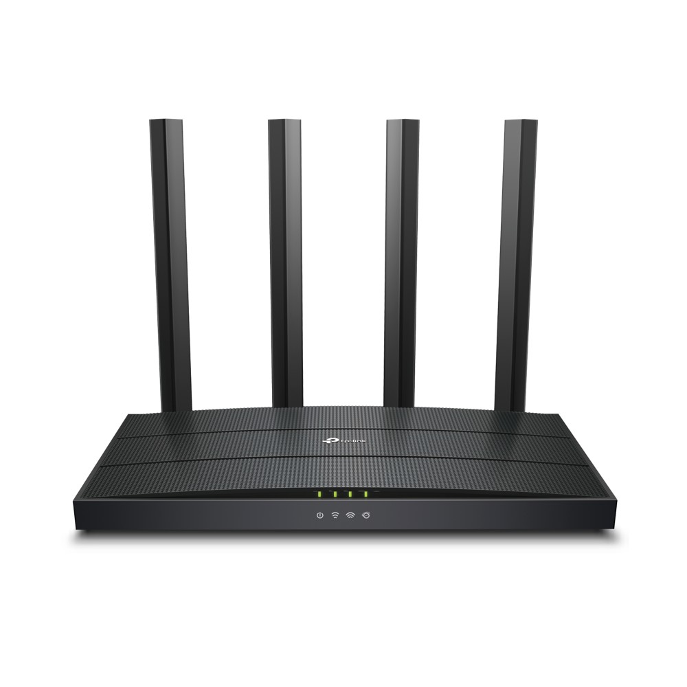 Roteador TP-Link Archer AX12 preto, visto de frente, com quatro antenas fixas e luzes indicadoras na frente
