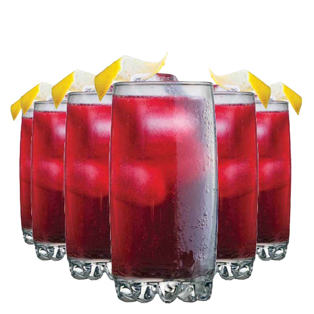 Jogo de seis copos de vidro Ruvolo Riviera Long Drink com suco vermelho e gelo