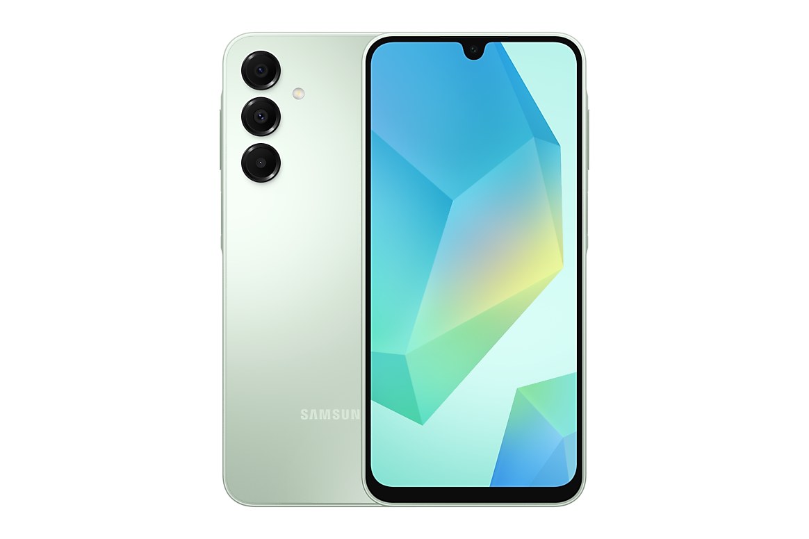 Samsung Galaxy A16 na cor verde claro, visto de costas e de frente