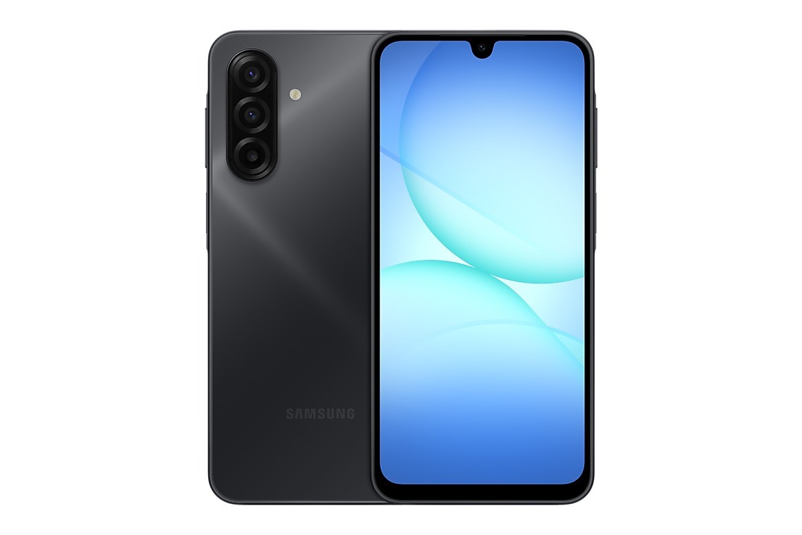 Samsung Galaxy A17 5G preto, visto de costas e de frente