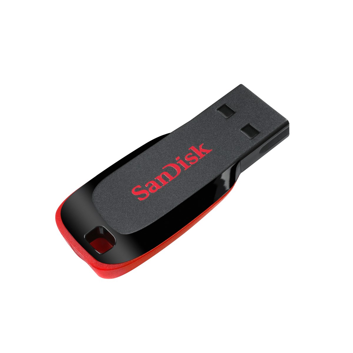 Pen drive SanDisk Cruzer Blade preto com detalhe vermelho e conector USB-A