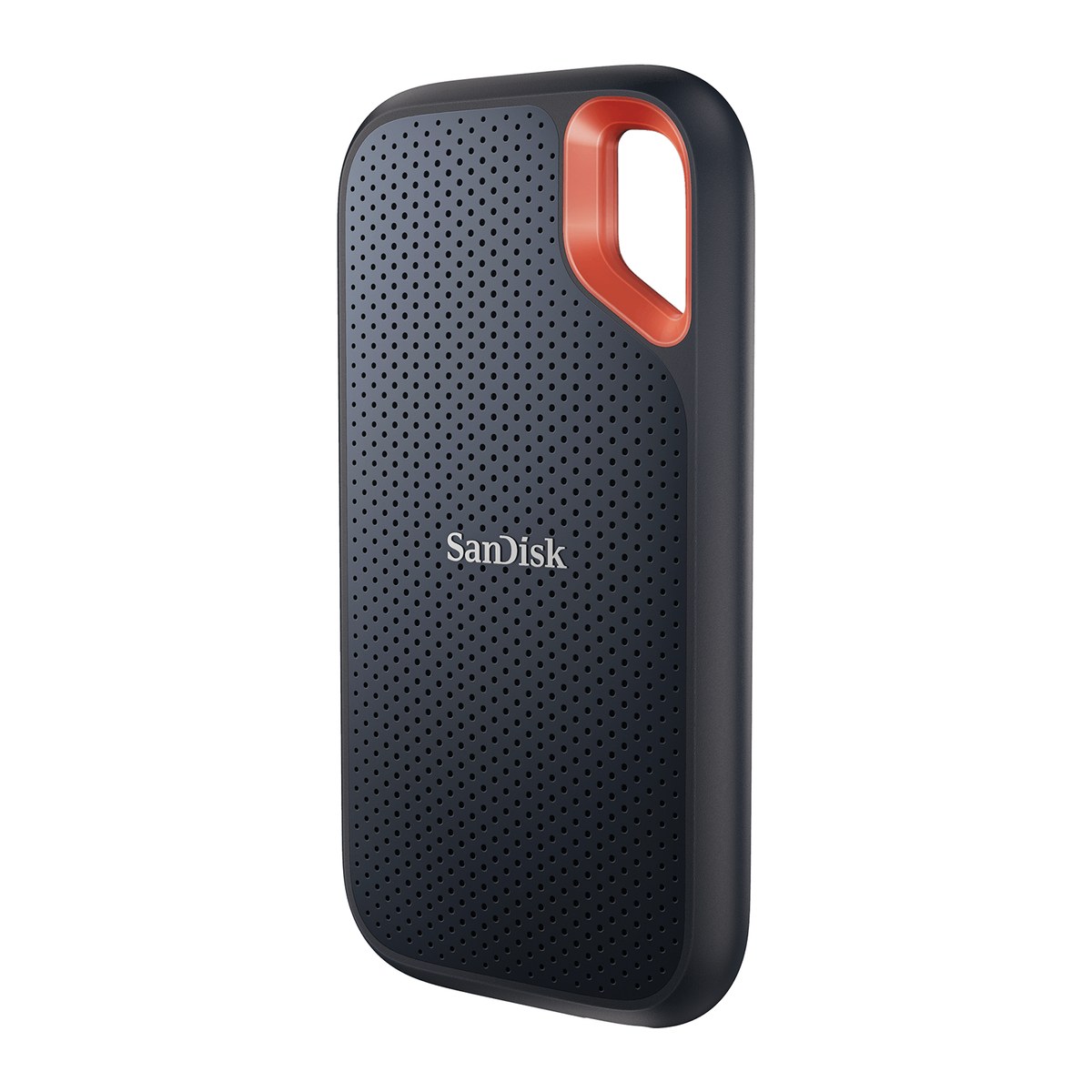 SSD portátil SanDisk Extreme preto com alça laranja, visto em ângulo