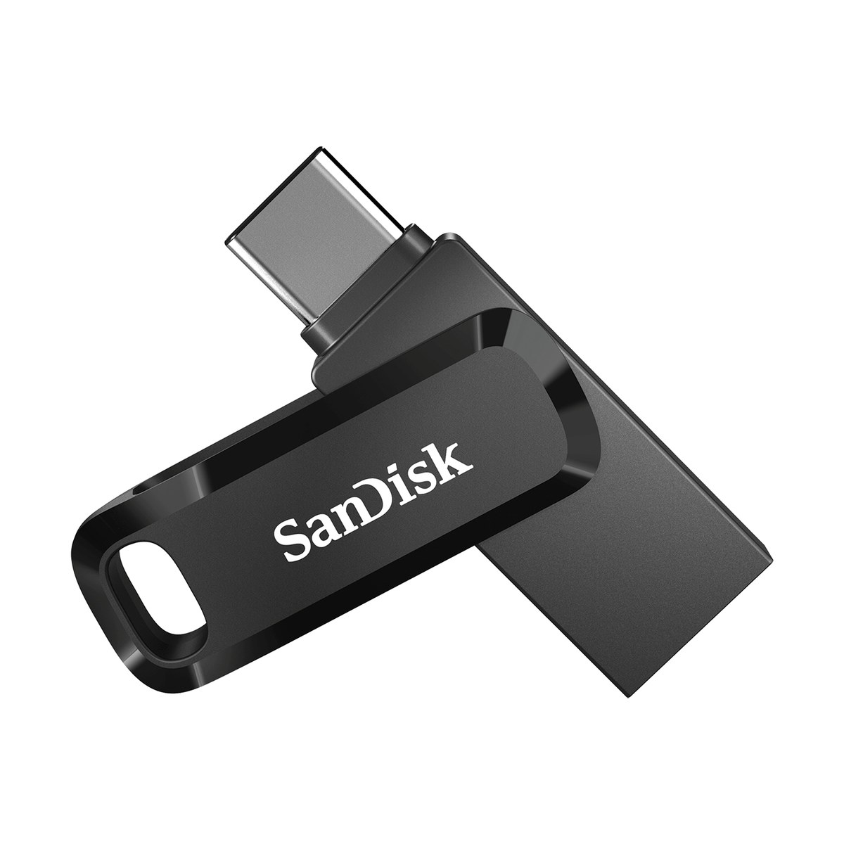 Pen drive SanDisk Ultra Dual Drive Go preto com conector USB-C aberto e corpo giratório com furo para chaveiro