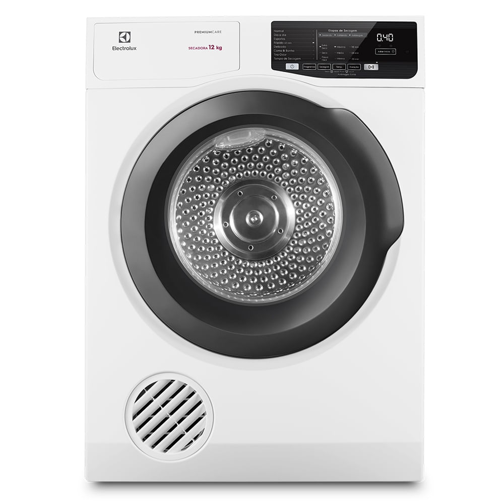Secadora de roupas Electrolux SFP12 Premium Care branca, de 12 kg, com porta escura, vista de frente