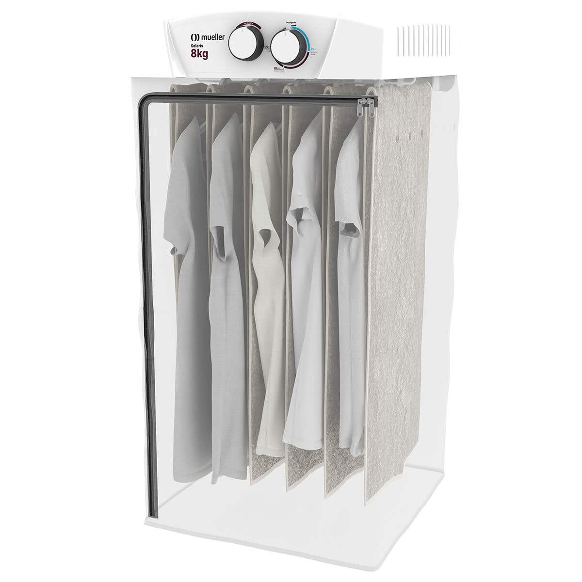 Secadora de roupa Mueller Solaris 8 kg com roupas penduradas na câmara de zíper