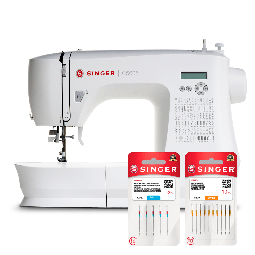 Máquina de costura eletrônica Singer C5605 branca com painel de LCD e dois blisters de agulhas