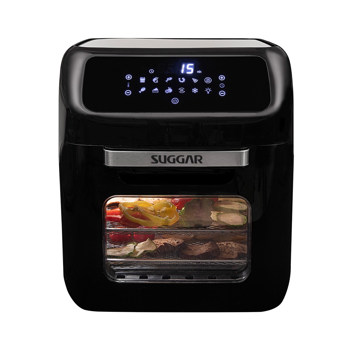 Fritadeira Suggar Air Fryer Oven de 12 litros preta com painel digital e porta de vidro com luz interna