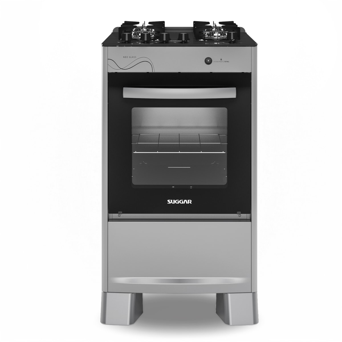 Fogão Suggar Neo Glass 4 bocas prata com mesa de vidro preta e forno com visor