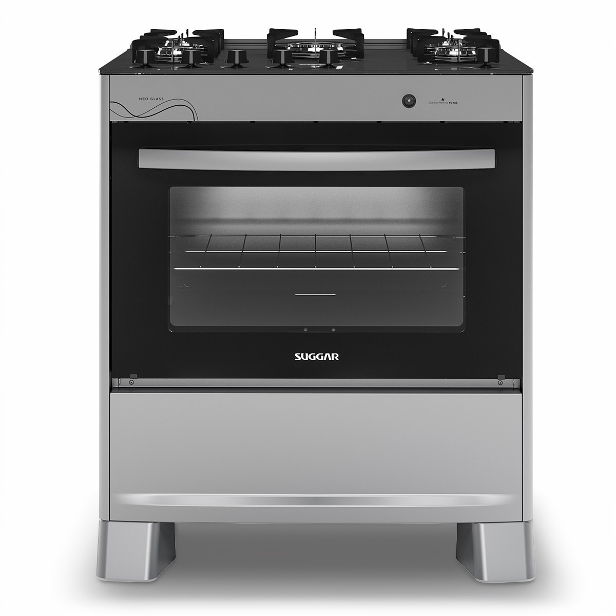 Fogão Suggar Neo Glass 5 bocas prata com mesa de vidro preta e forno grande com visor