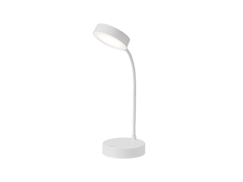 Luminária de mesa LED Taschibra Puck branca, com base redonda, haste flexível e cabeça em formato de disco