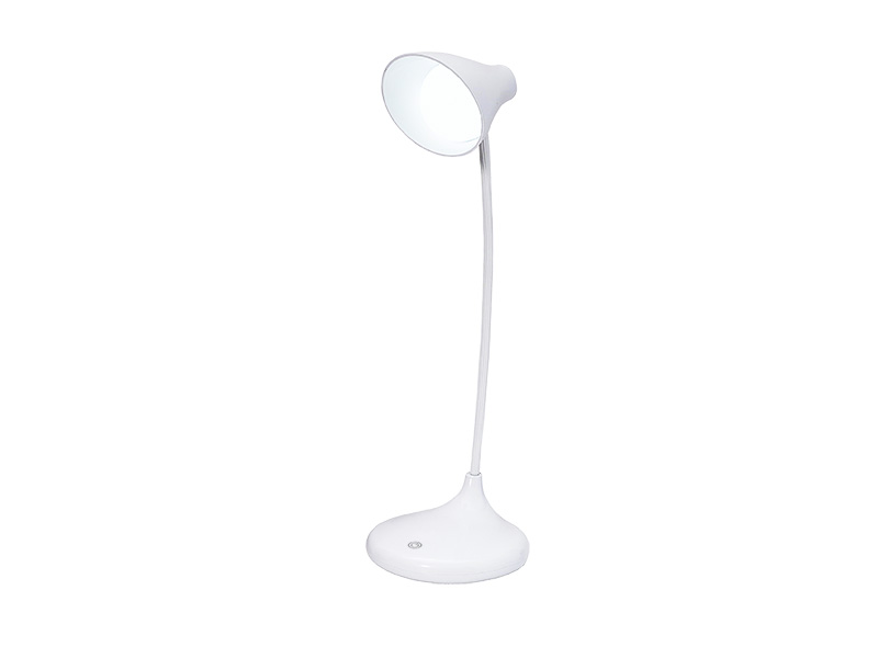 Luminária de mesa LED Taschibra Splay branca, com base arredondada, haste longa e cúpula em formato de tulipa